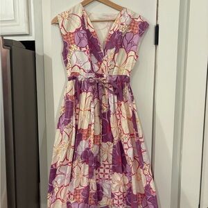 Garnet Hill Purple and Cream Floral Midi Dress